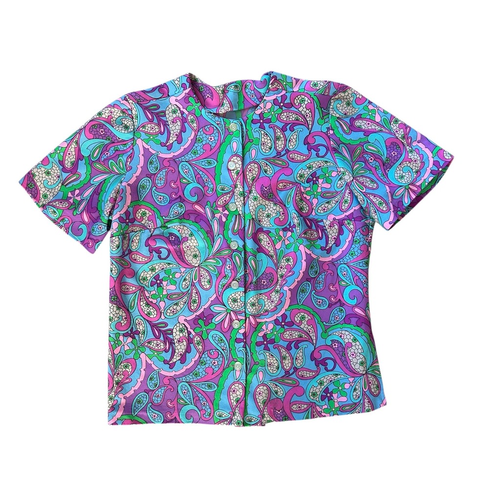 Vintage 60s 70s Psychedelic Paisley Blouse Purple Blue Pink Short Sleeve Top M/L